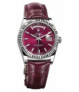 The 28 mm copy Rolex Day-Date 36 118139 watches have cerise dials.