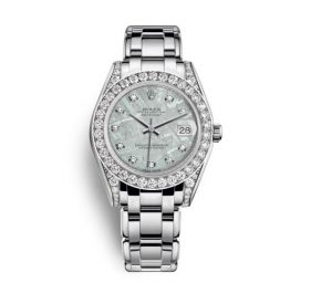 The luxury fake Rolex Pearlmaster 34 81159 watches are made from white gold and diamonds.