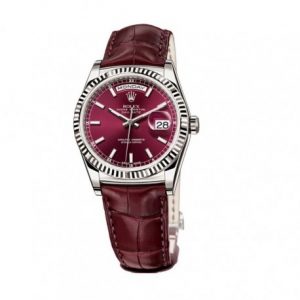 The comfortable fake Rolex Day-Date 36 118139 watches have wine red alligator leather straps.