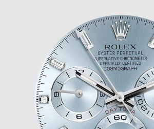 The attractive copy Rolex Cosmograph Daytona 116506 watches have ice blue dials with diamonds and sapphires.