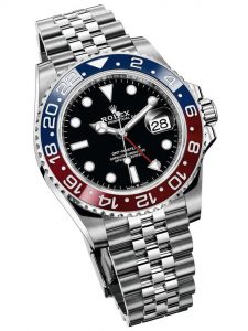 The 40 mm replica Rolex GMT-Master II 126710BLRO watches have black dials.