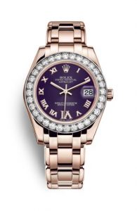The luxury fake Rolex Pearlmaster 34 81285 watches are made from everose gold and diamonds.