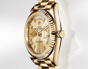 The 40 mm fake Rolex Day-Date 40 President watches have champagne dials.