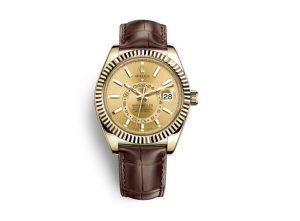 The gold replica watches have brown leather straps.