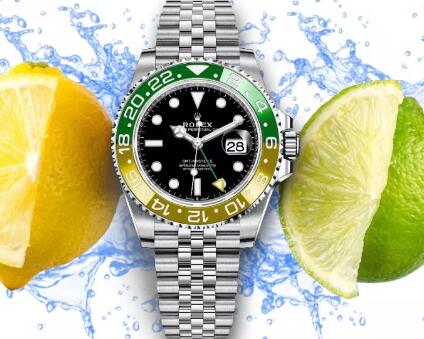 The yellow and green bezel Rolex looks fresh.