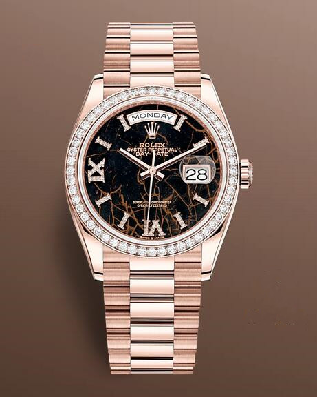 Swiss fake watches are adorned with diamonds on the hour markers and bezels.
